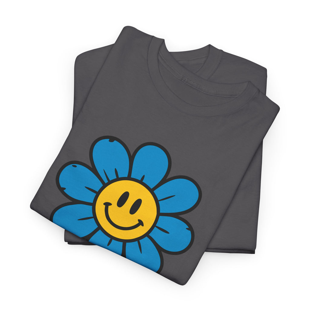 Happy Flower Unisex Heavy Cotton Tee – Cute Smiley Graphic Shirt, Nature Lover Gift, Casual Summer Style, Festival & Everyday Wear
