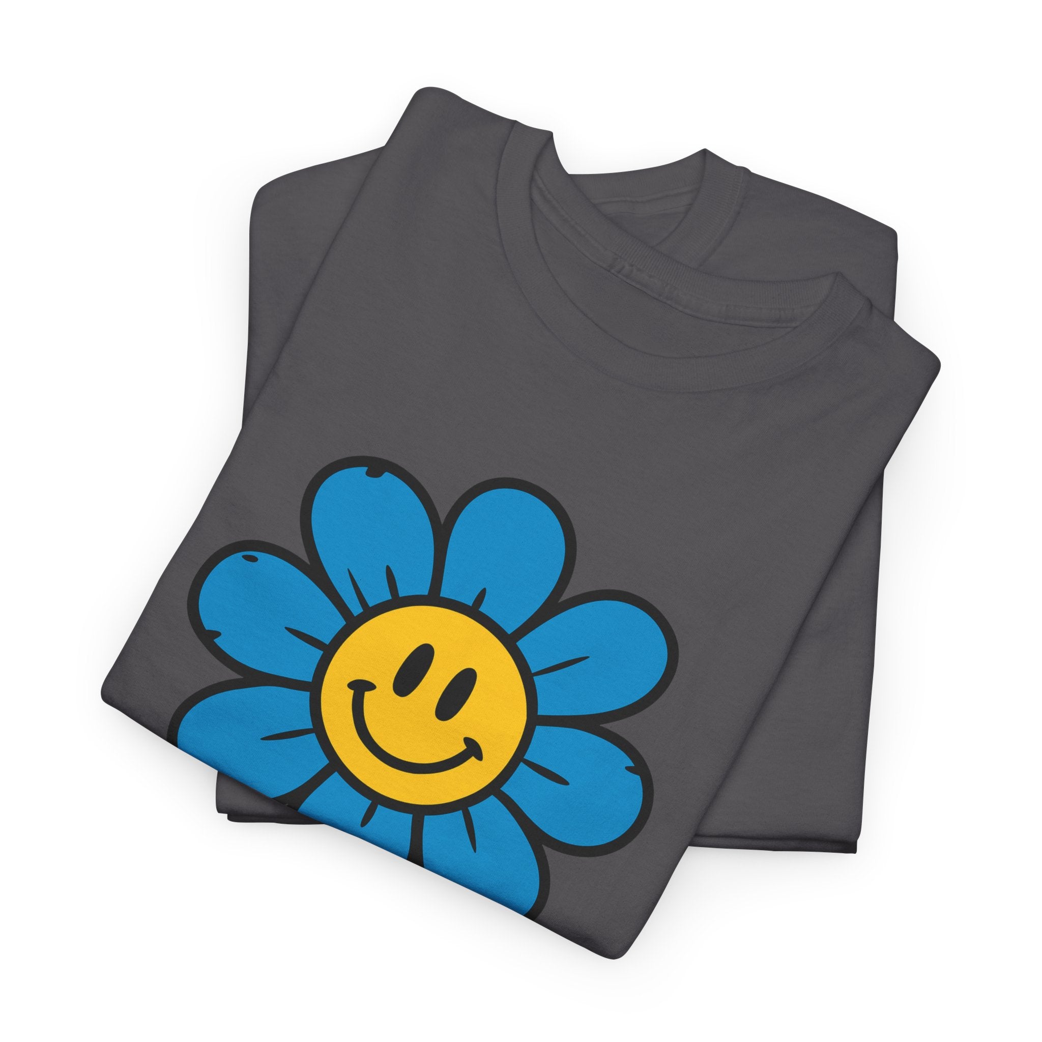Happy Flower Unisex Heavy Cotton Tee – Cute Smiley Graphic Shirt, Nature Lover Gift, Casual Summer Style, Festival & Everyday Wear