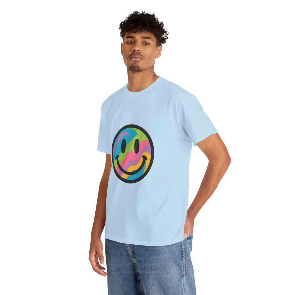 Colorful Smiley Face Unisex Heavy Cotton Tee – Casual Streetwear Graphic Shirt, Happiness Vibes, Summer Fashion Gift for Friends