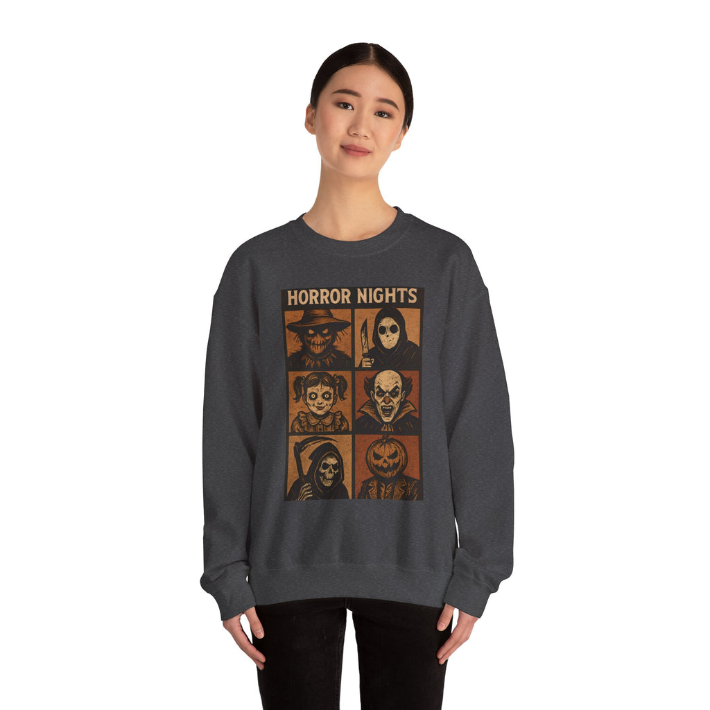 Horror Nights Sweatshirt | Cozy Halloween Crewneck, Spooky Unisex Graphic Sweatshirt, Horror Movie Lovers’ Apparel, Fall & October Fashion