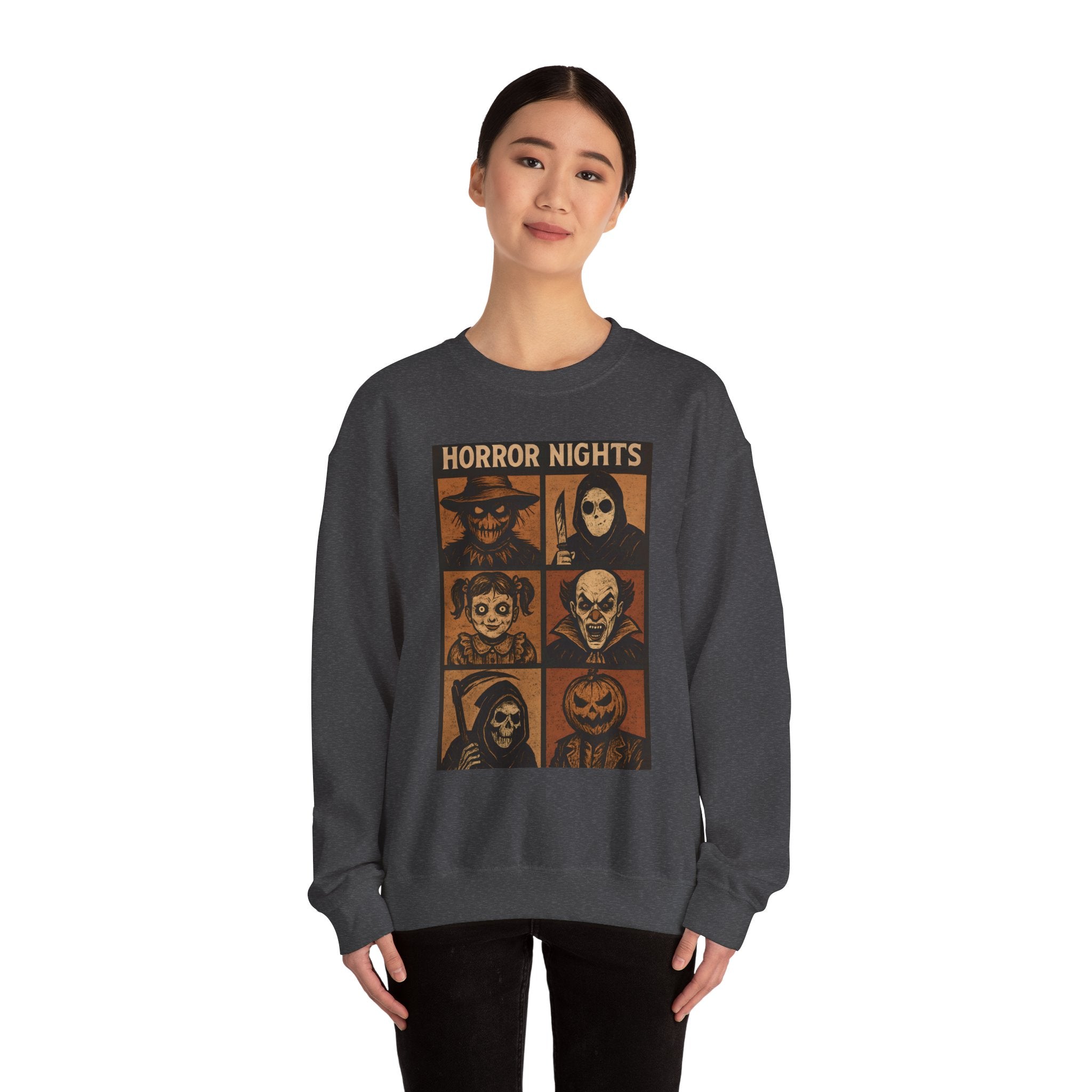 Horror Nights Sweatshirt | Cozy Halloween Crewneck, Spooky Unisex Graphic Sweatshirt, Horror Movie Lovers’ Apparel, Fall & October Fashion