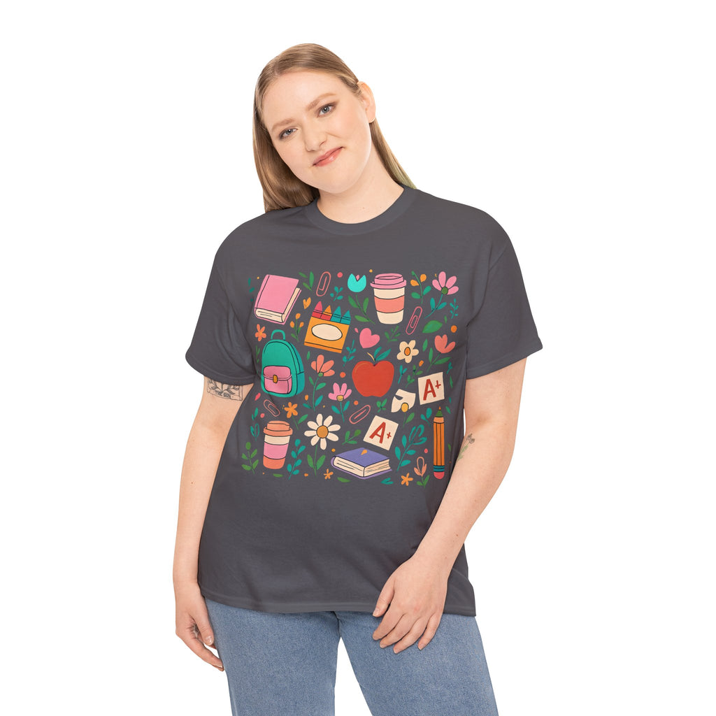 Teacher School Supplies Shirt – Cute Back to School Graphic Tee with Coffee, Books & A+ Icons | Gift for Educators & Classroom Style
