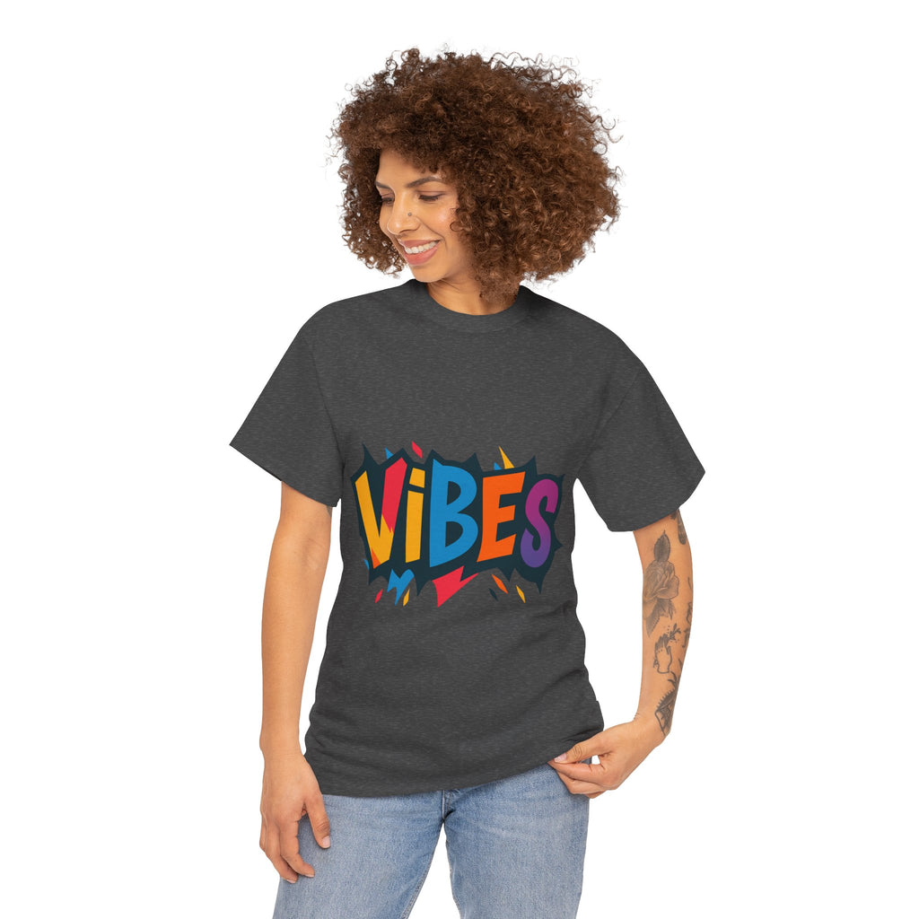 Colorful Vibes Unisex Heavy Cotton Tee – Trendy Graphic Streetwear T-Shirt, Positive Energy Outfit, Casual Everyday Gift for Friends