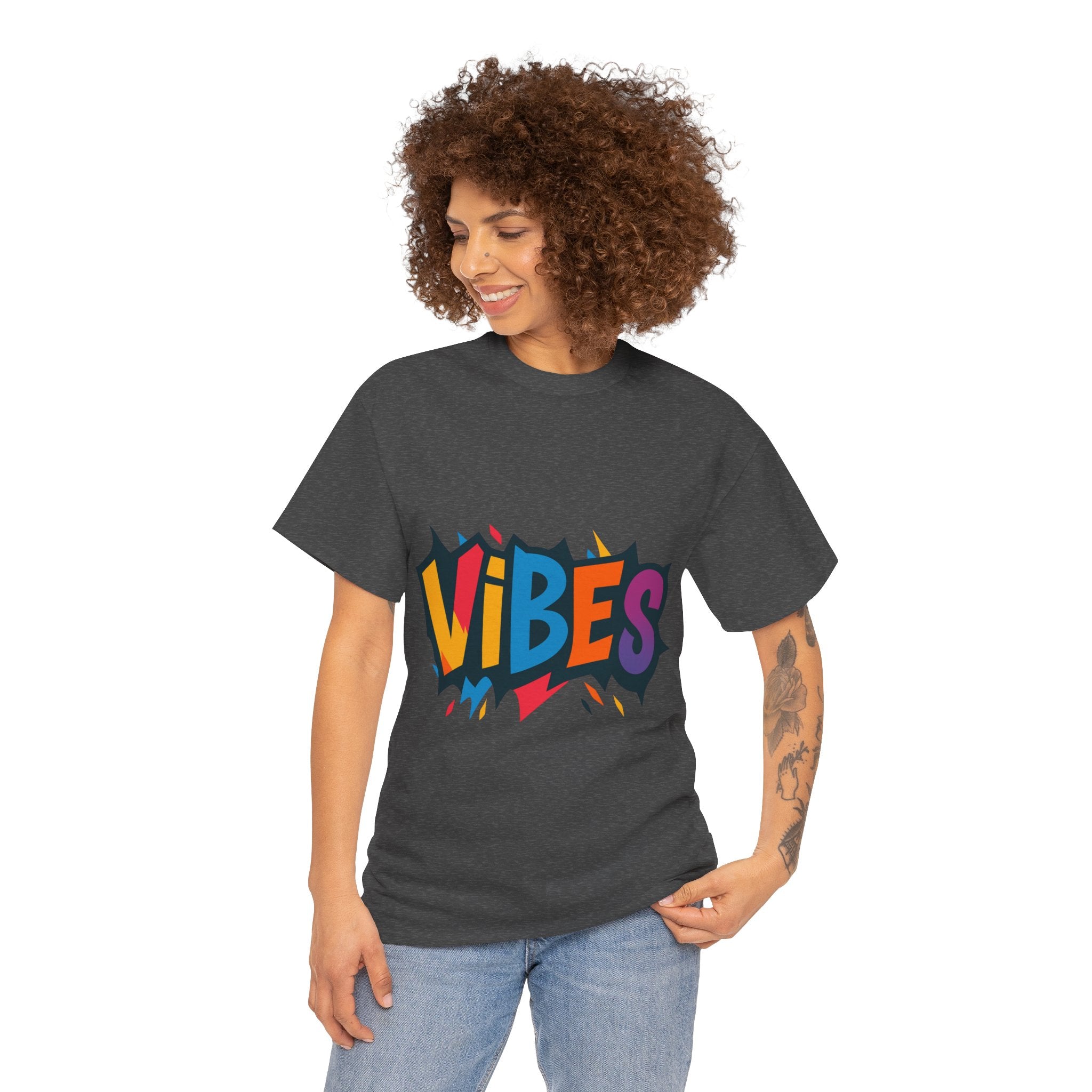Colorful Vibes Unisex Heavy Cotton Tee – Trendy Graphic Streetwear T-Shirt, Positive Energy Outfit, Casual Everyday Gift for Friends