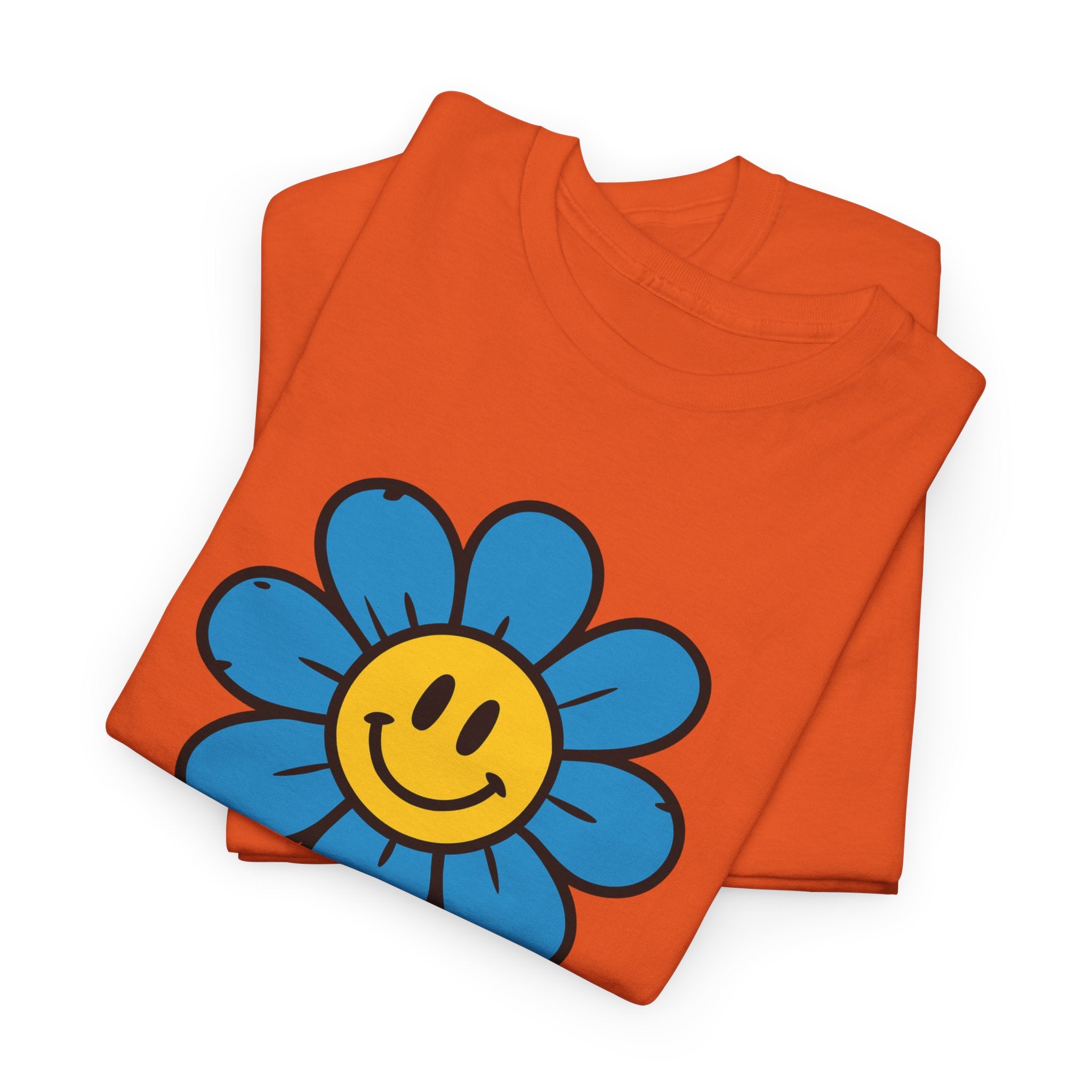 Happy Flower Unisex Heavy Cotton Tee – Cute Smiley Graphic Shirt, Nature Lover Gift, Casual Summer Style, Festival & Everyday Wear