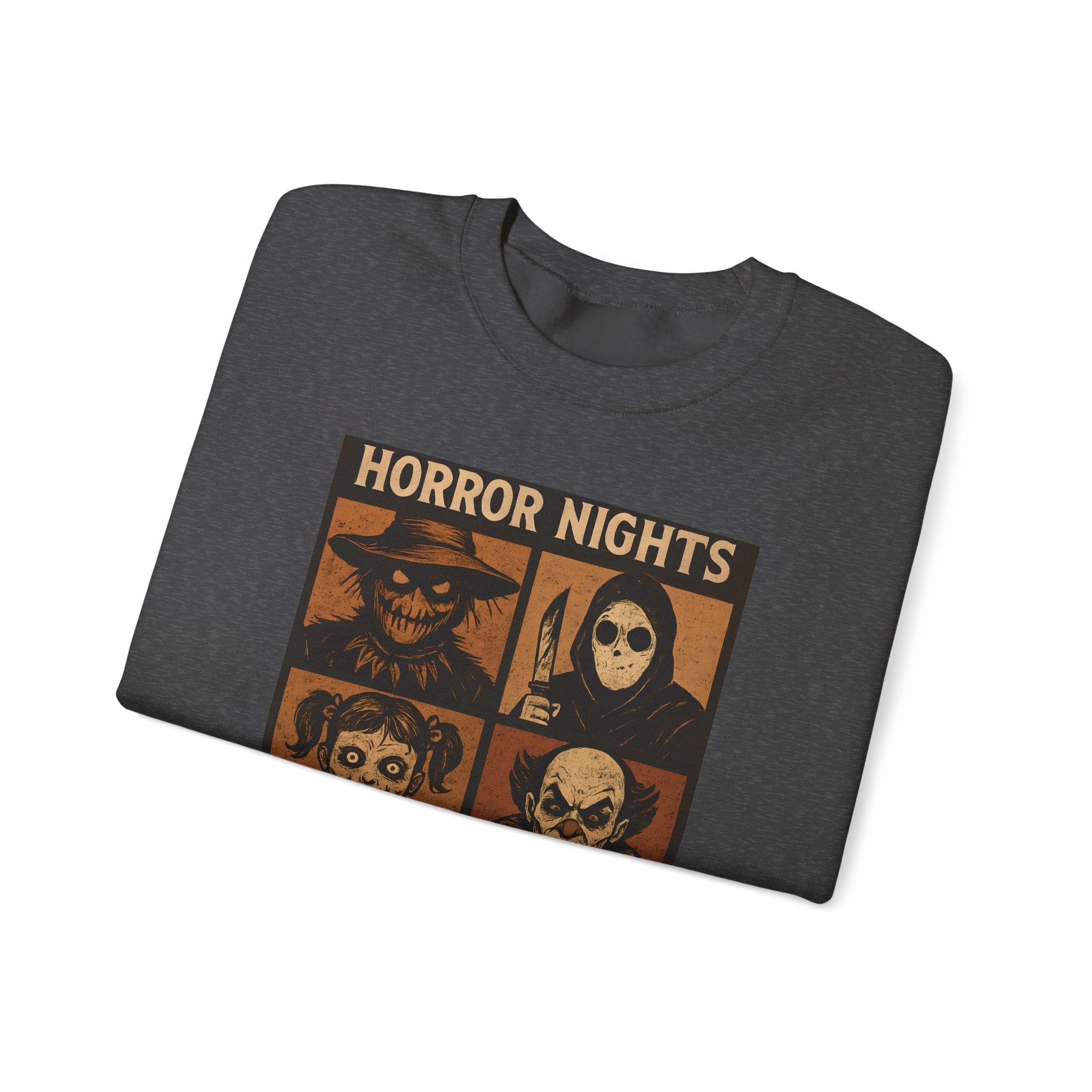Horror Nights Sweatshirt | Cozy Halloween Crewneck, Spooky Unisex Graphic Sweatshirt, Horror Movie Lovers’ Apparel, Fall & October Fashion