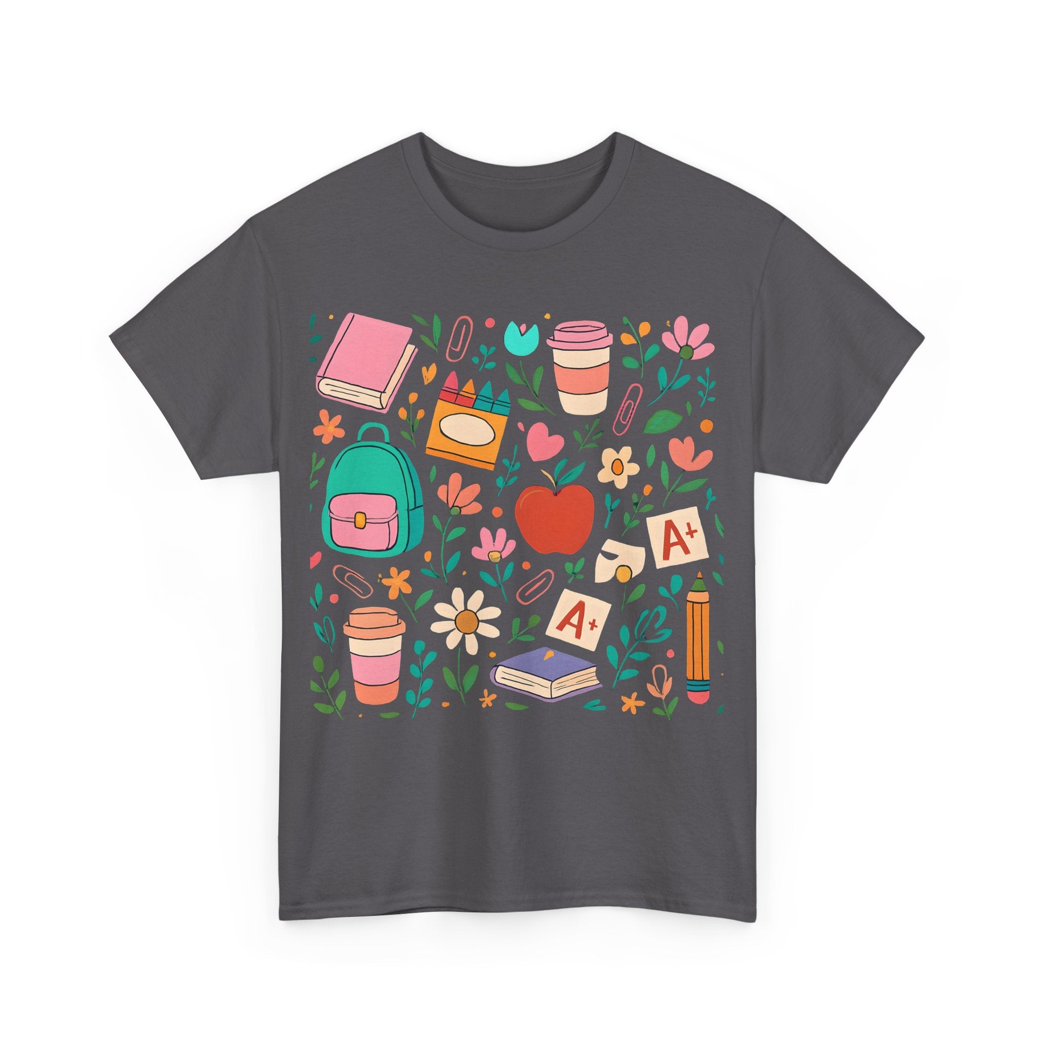 Teacher School Supplies Shirt – Cute Back to School Graphic Tee with Coffee, Books & A+ Icons | Gift for Educators & Classroom Style