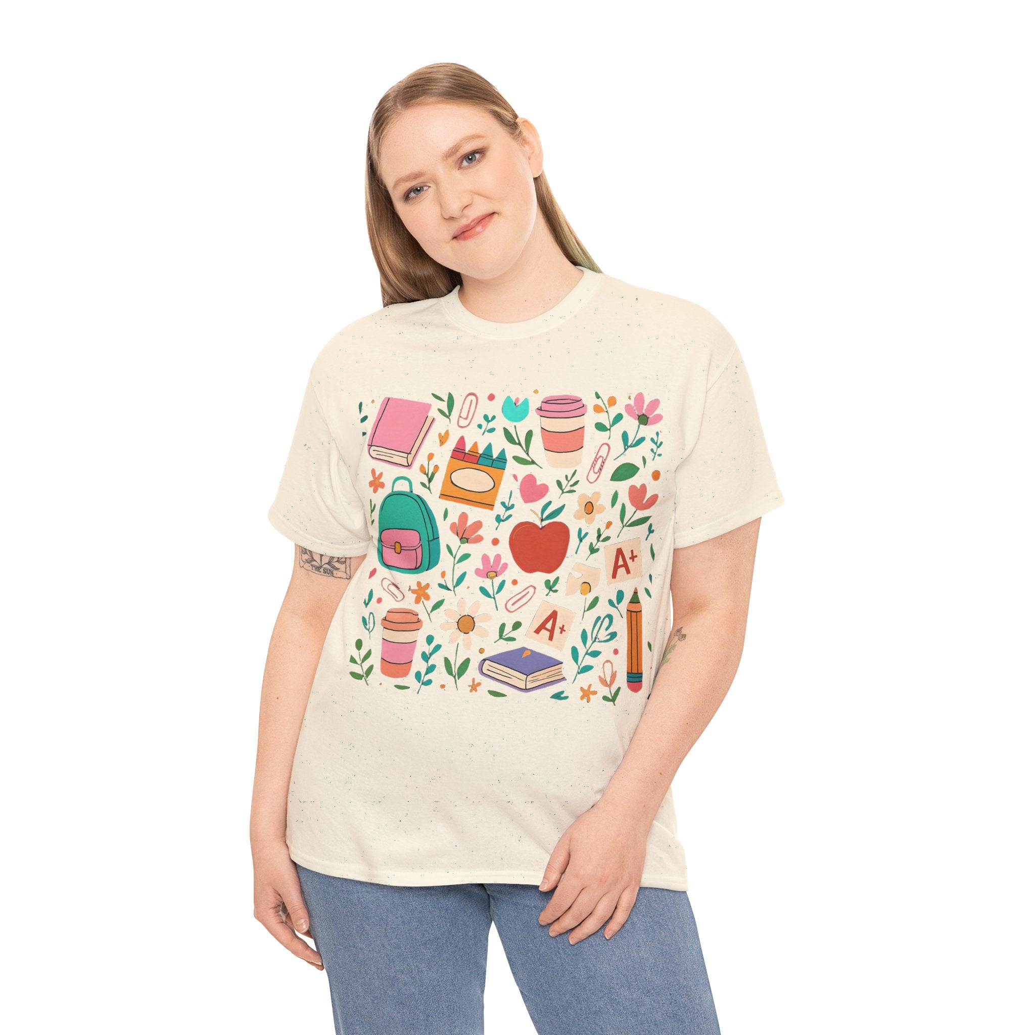 Teacher School Supplies Shirt – Cute Back to School Graphic Tee with Coffee, Books & A+ Icons | Gift for Educators & Classroom Style