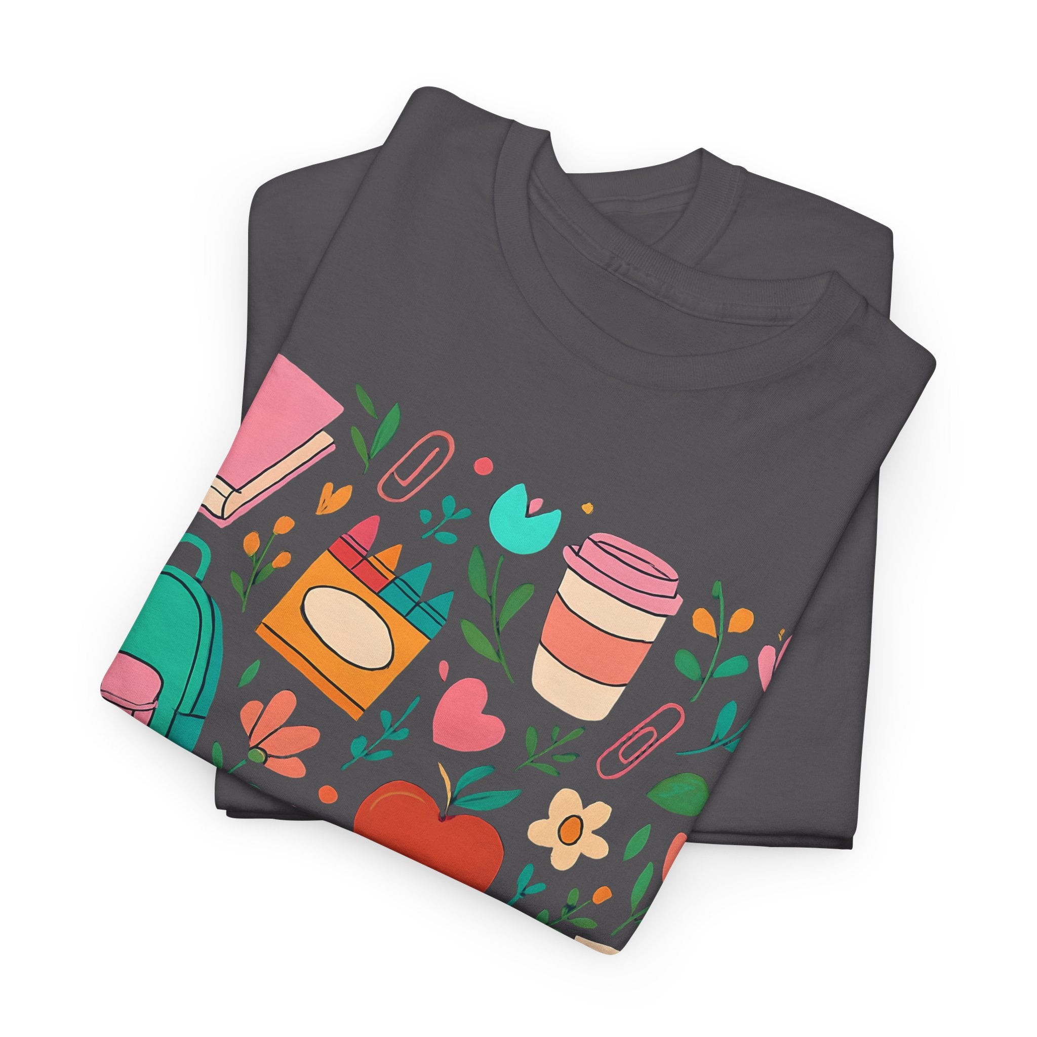 Teacher School Supplies Shirt – Cute Back to School Graphic Tee with Coffee, Books & A+ Icons | Gift for Educators & Classroom Style