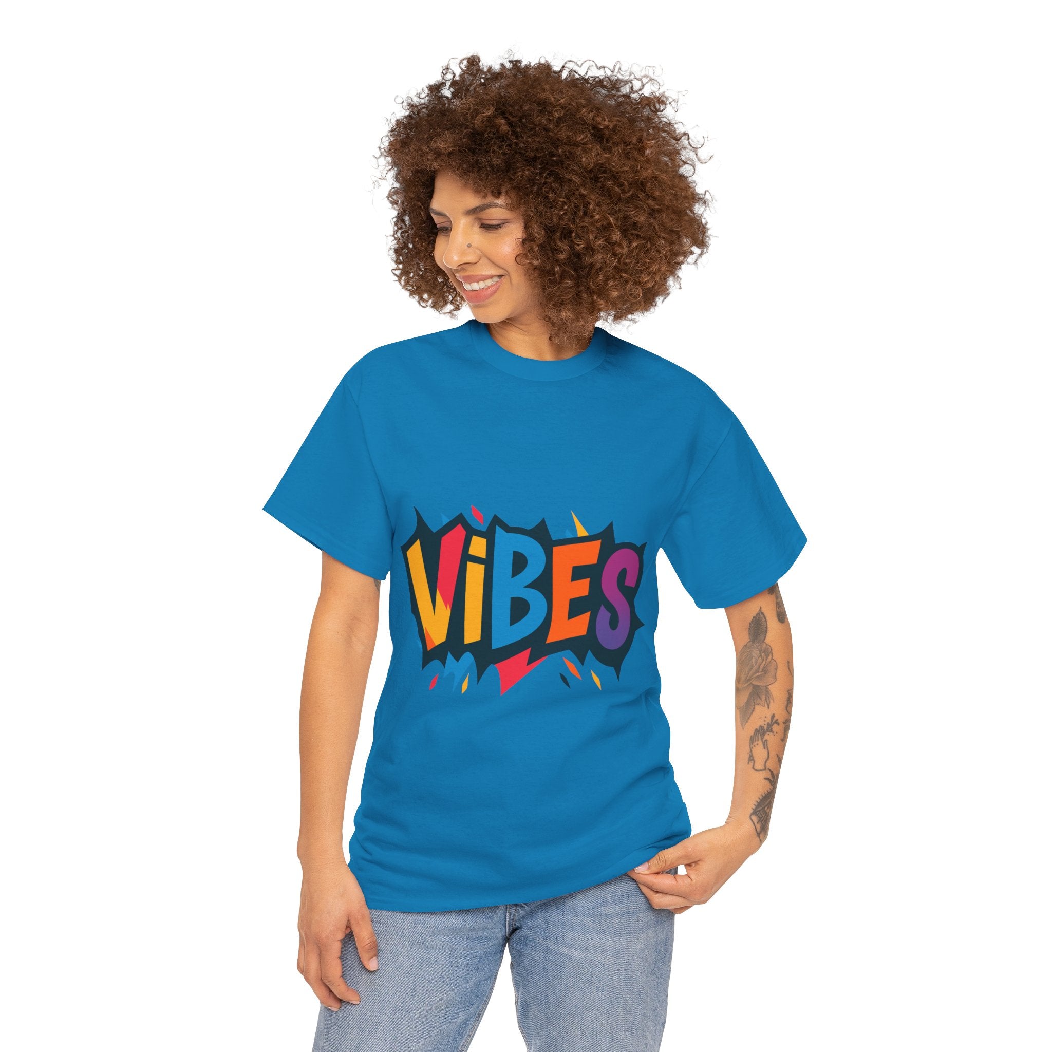 Colorful Vibes Unisex Heavy Cotton Tee – Trendy Graphic Streetwear T-Shirt, Positive Energy Outfit, Casual Everyday Gift for Friends