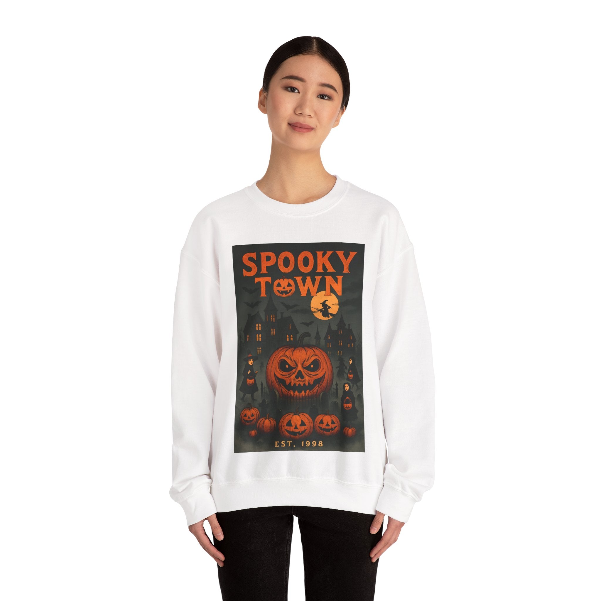 Spooky Town Sweatshirt – Cozy Pumpkin Halloween Crewneck, Unisex Fall Fashion, Autumn Wardrobe Essential