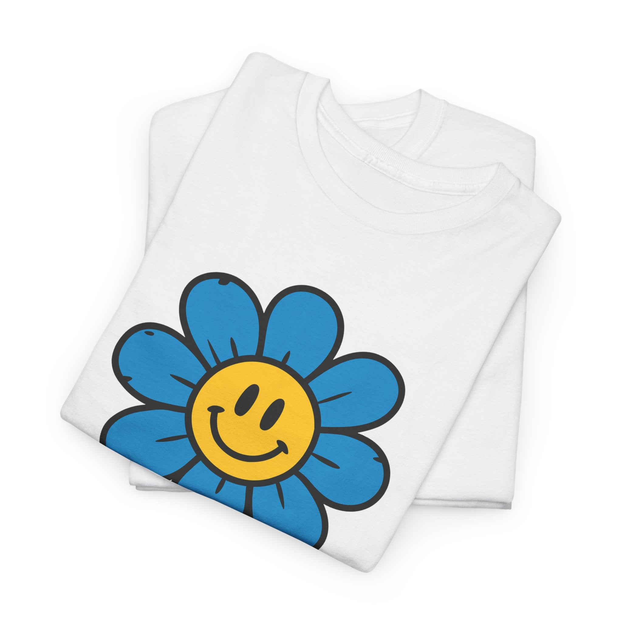 Happy Flower Unisex Heavy Cotton Tee – Cute Smiley Graphic Shirt, Nature Lover Gift, Casual Summer Style, Festival & Everyday Wear